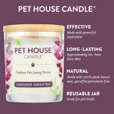 Pet House Candle with lavender green tea scent on a purple background