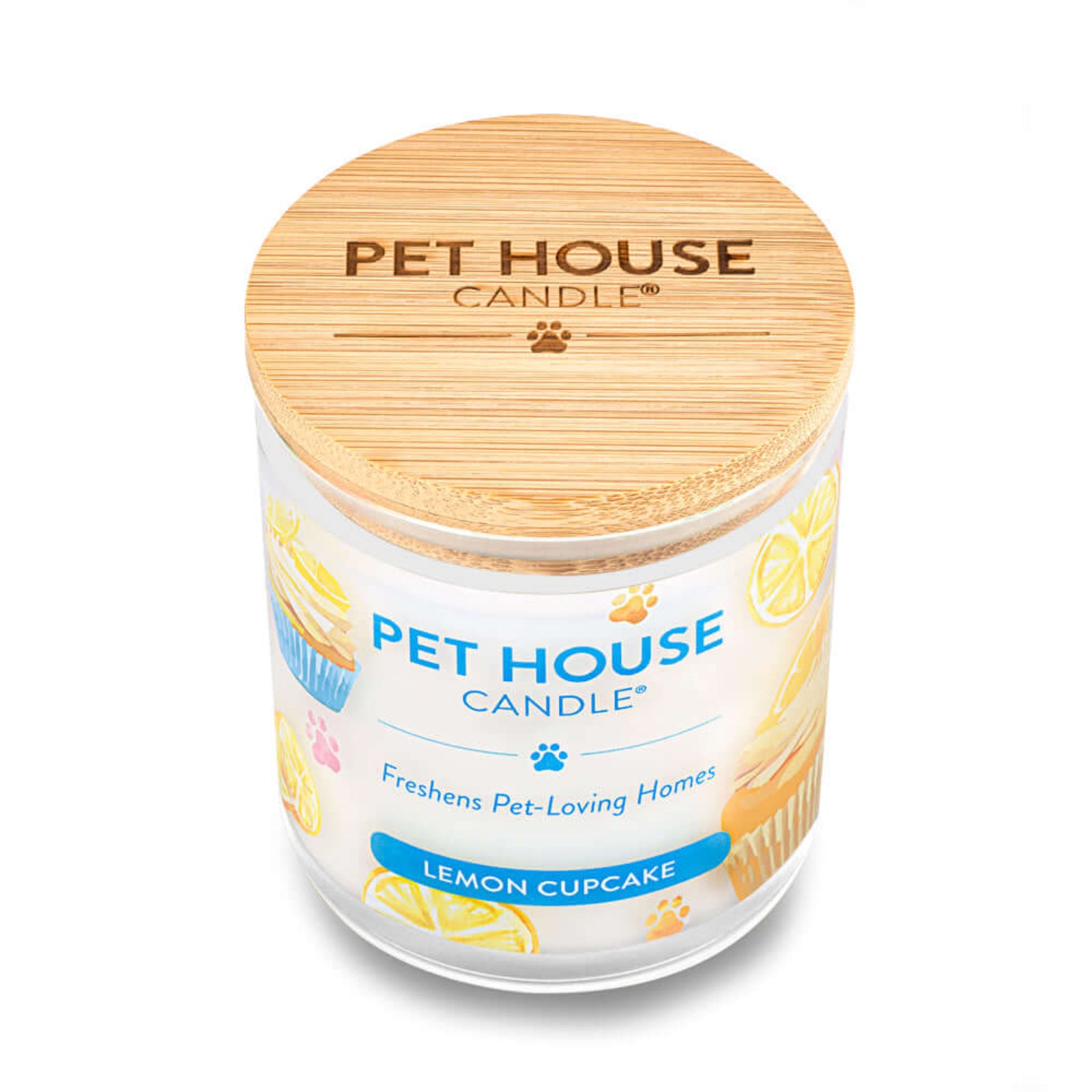 Pet House Candle with lemon cupcake scent on a white background