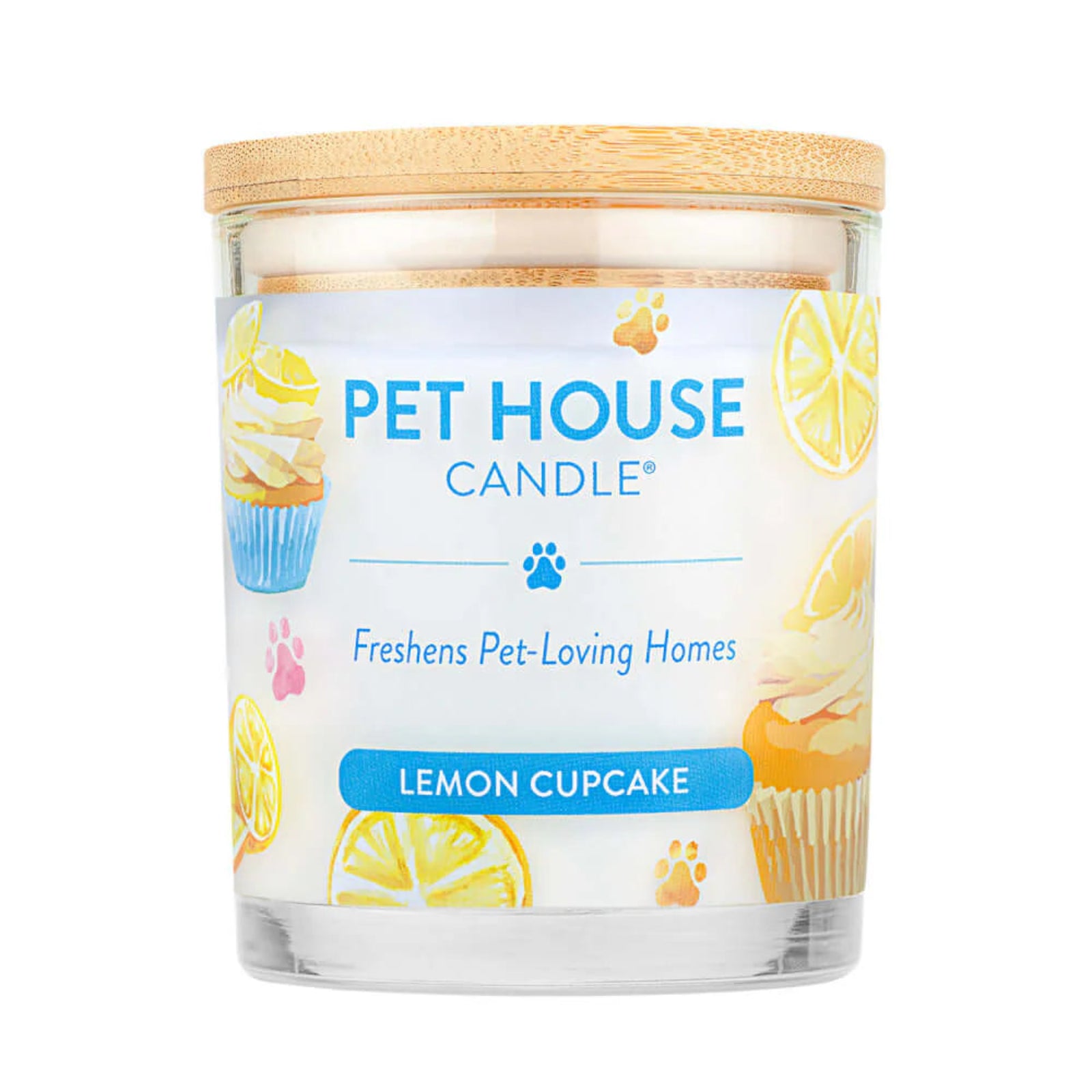 Pet House Candle with lemon cupcake design on a white background