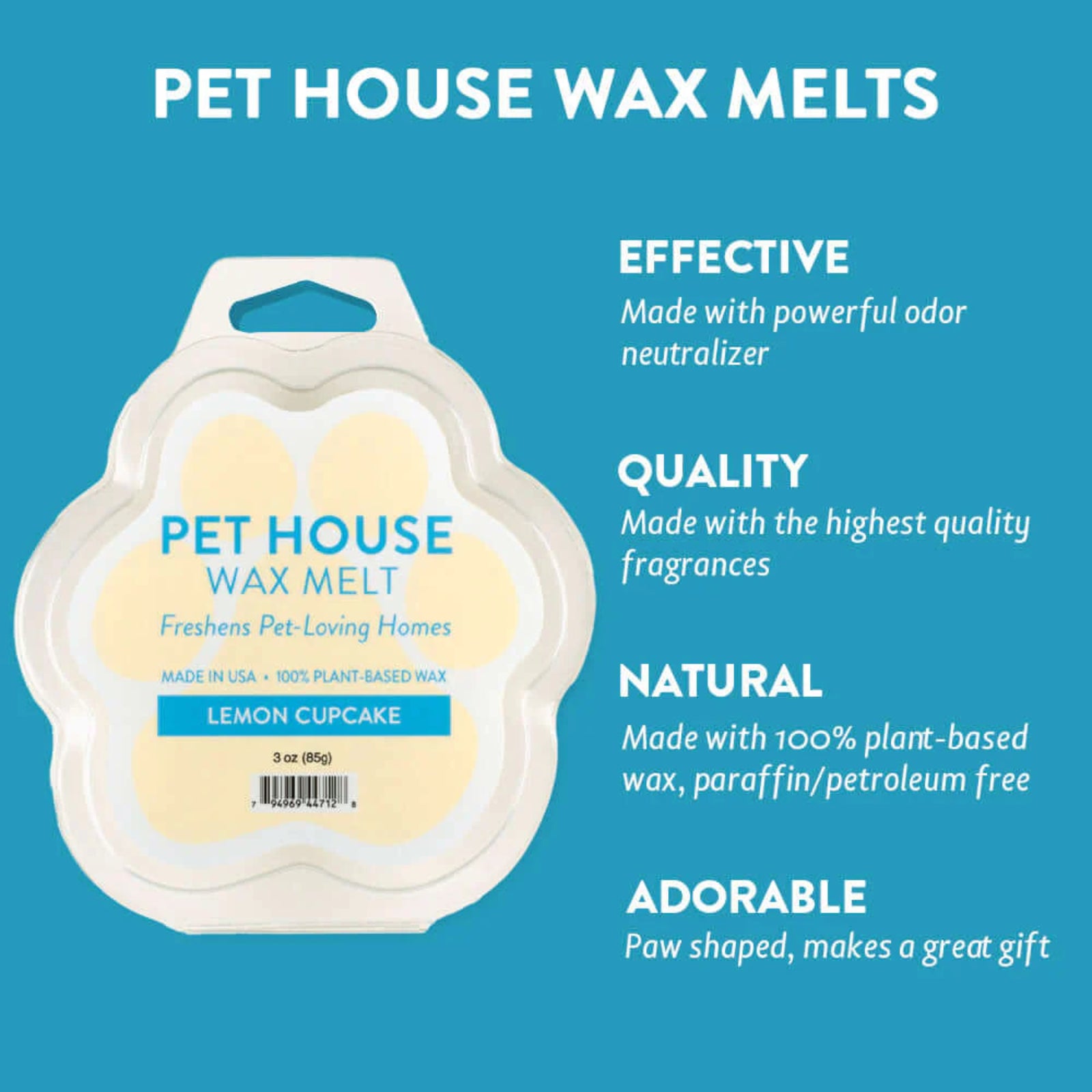 Pet House Wax Melts packaging with product details on a blue background