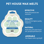 Pet House Wax Melts packaging with product details on a blue background