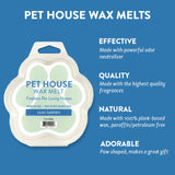 Pet House Wax Melts packaging with product details on a blue background