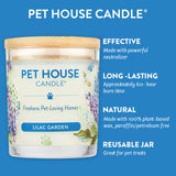 Pet House Candle with features listed on a blue background
