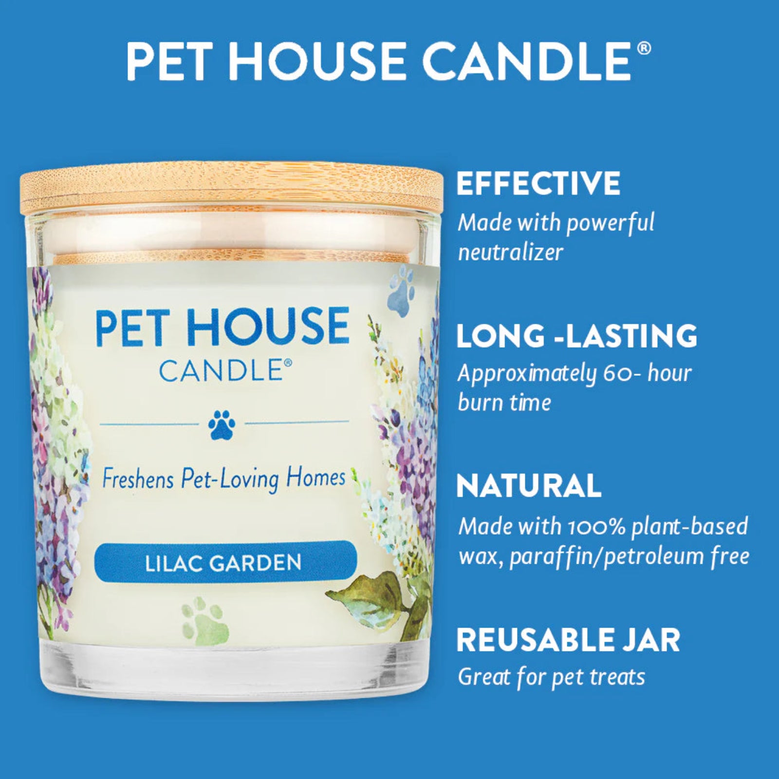 Pet House Candle with features listed on a blue background