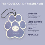 Pet house car air freshener with brand logo on a light purple background