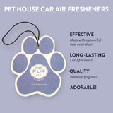 Pet house car air freshener with brand logo on a light purple background