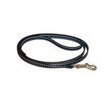 Black dog leash with reflective stripes on a white background