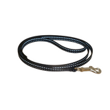 Black dog leash with reflective stripes on a white background