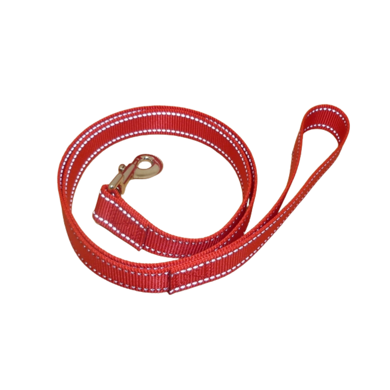 Red dog leash with a gold clip on a white background