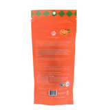 Orange pet food package with green accents on a white background