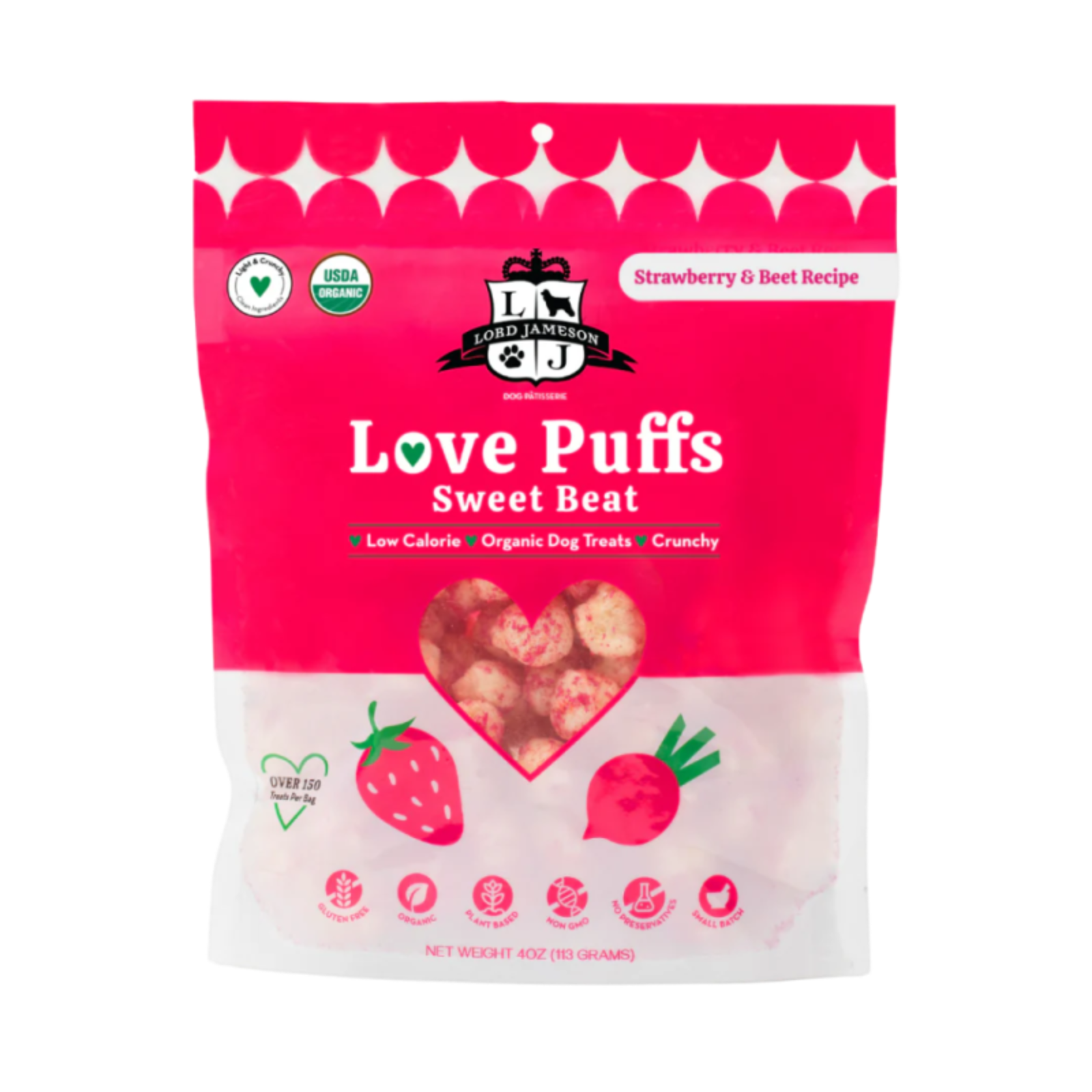 Package of Love Puffs Sweet Beat dog treats with pink and white design