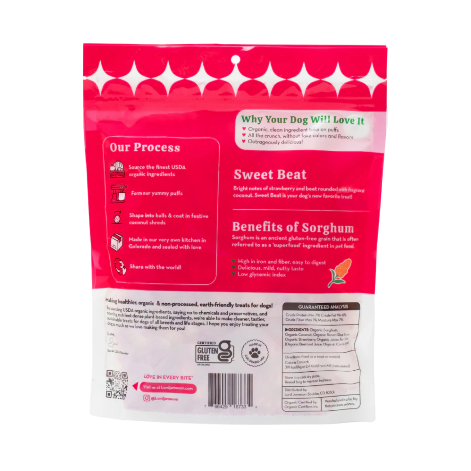 Back view of a pink and white pet food package with text and graphics.