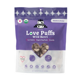 Package of Love Puffs Wild Berries dog treats on a white background
