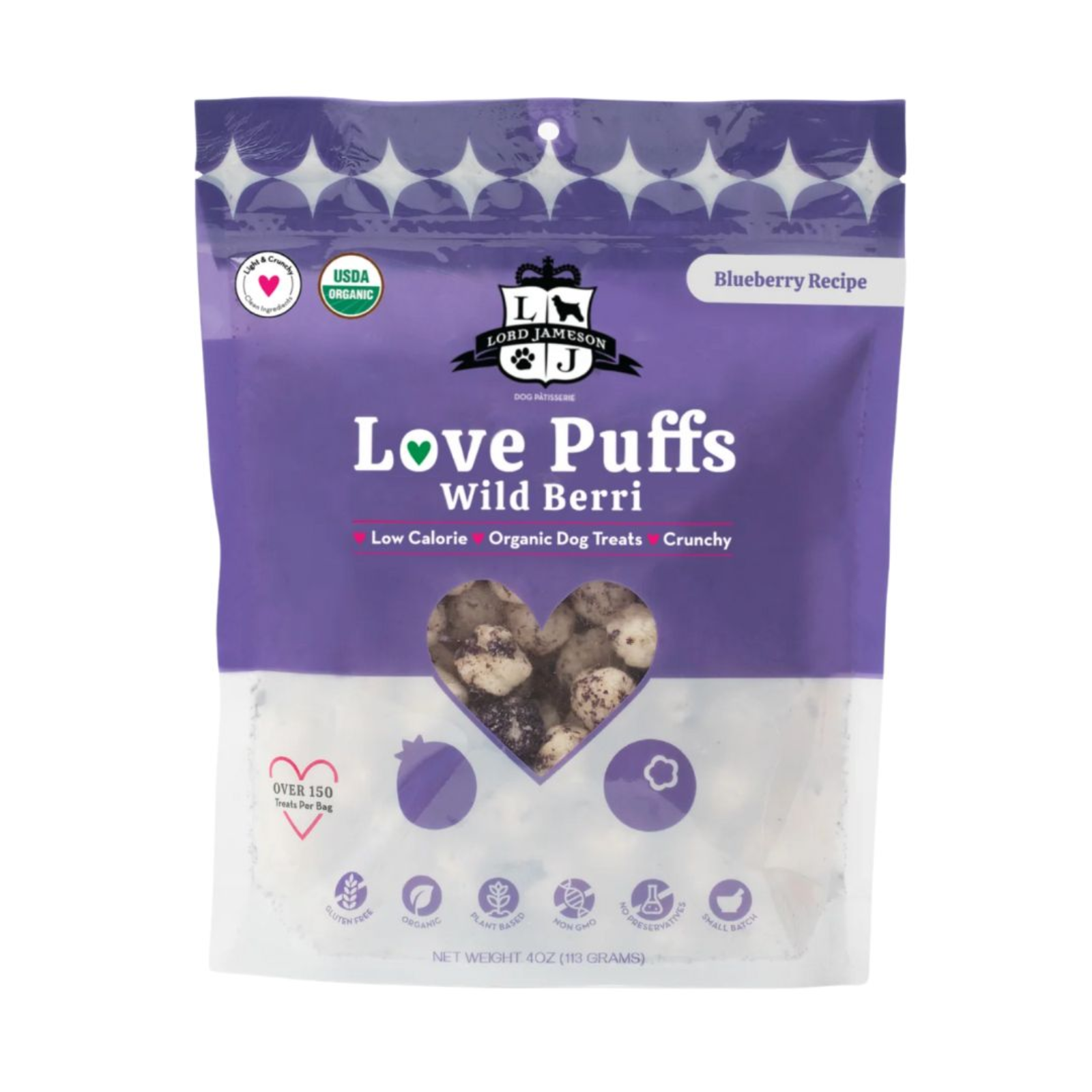 Package of Love Puffs Wild Berries dog treats on a white background