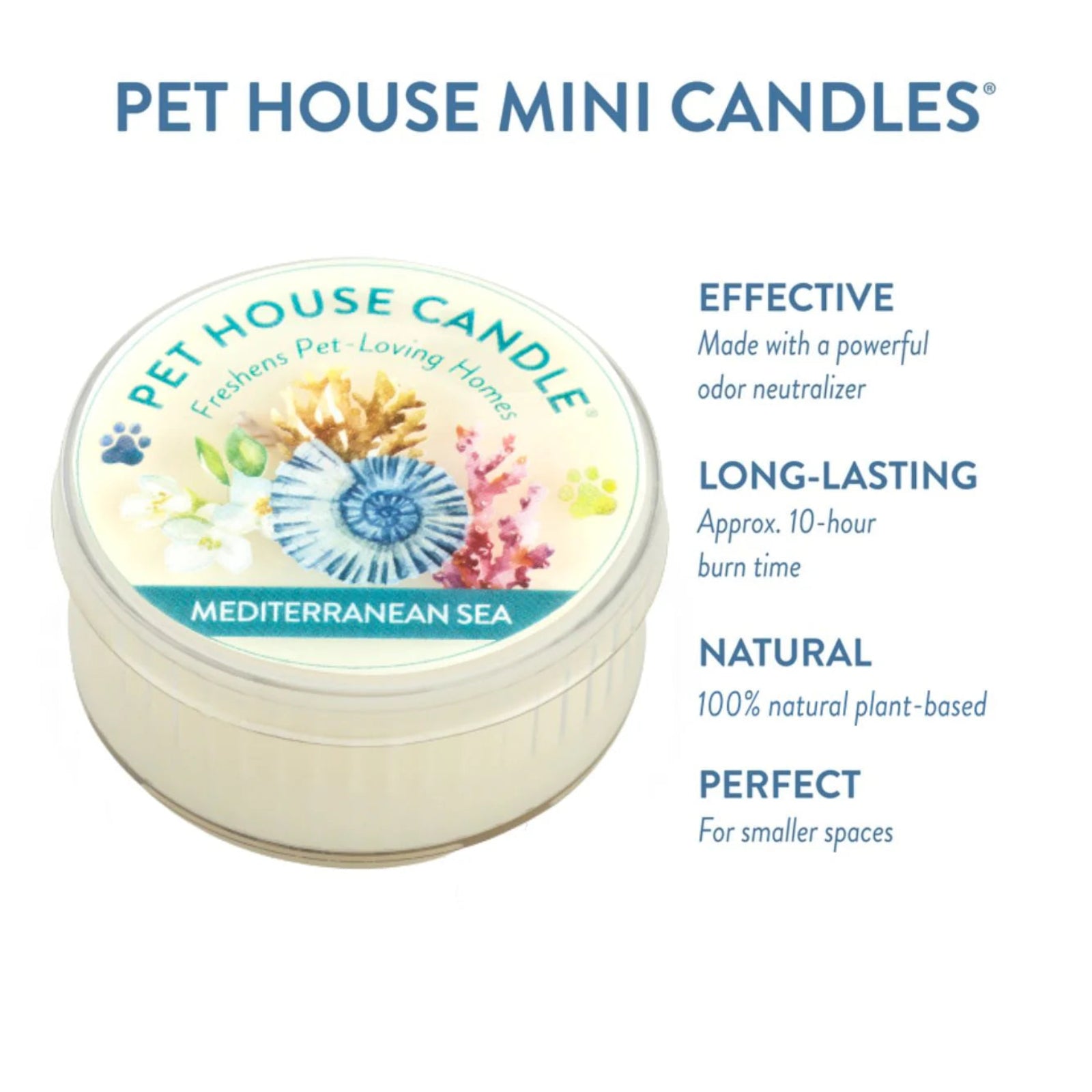 Pet House Mini Candle with Mediterranean Sea fragrance on a white background