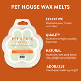 Pet House Wax Melts packaging with product details on an orange background