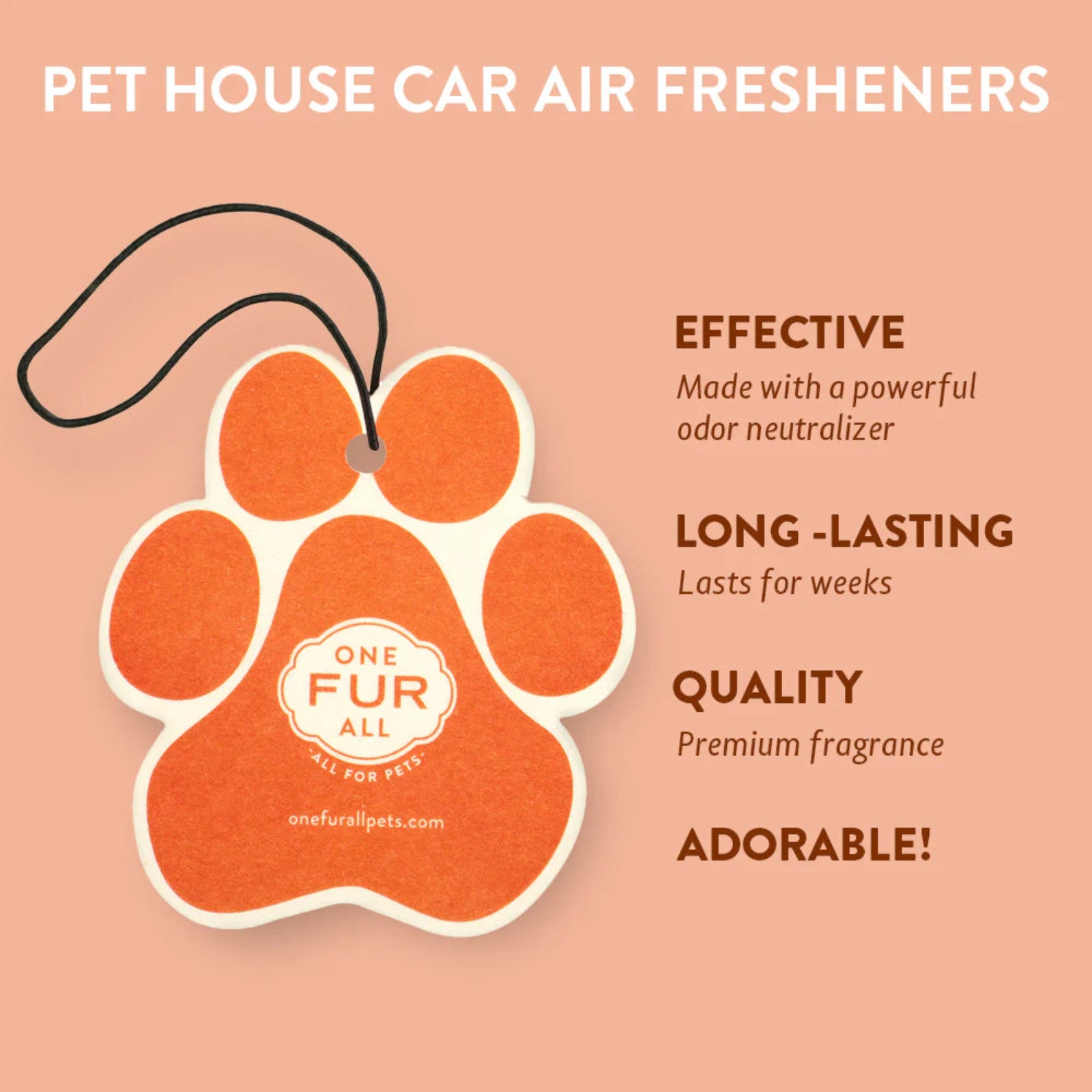 Pet house car air freshener with paw design and brand name on a peach background