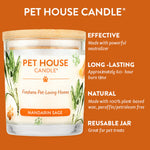Pet House Candle with features listed on an orange background