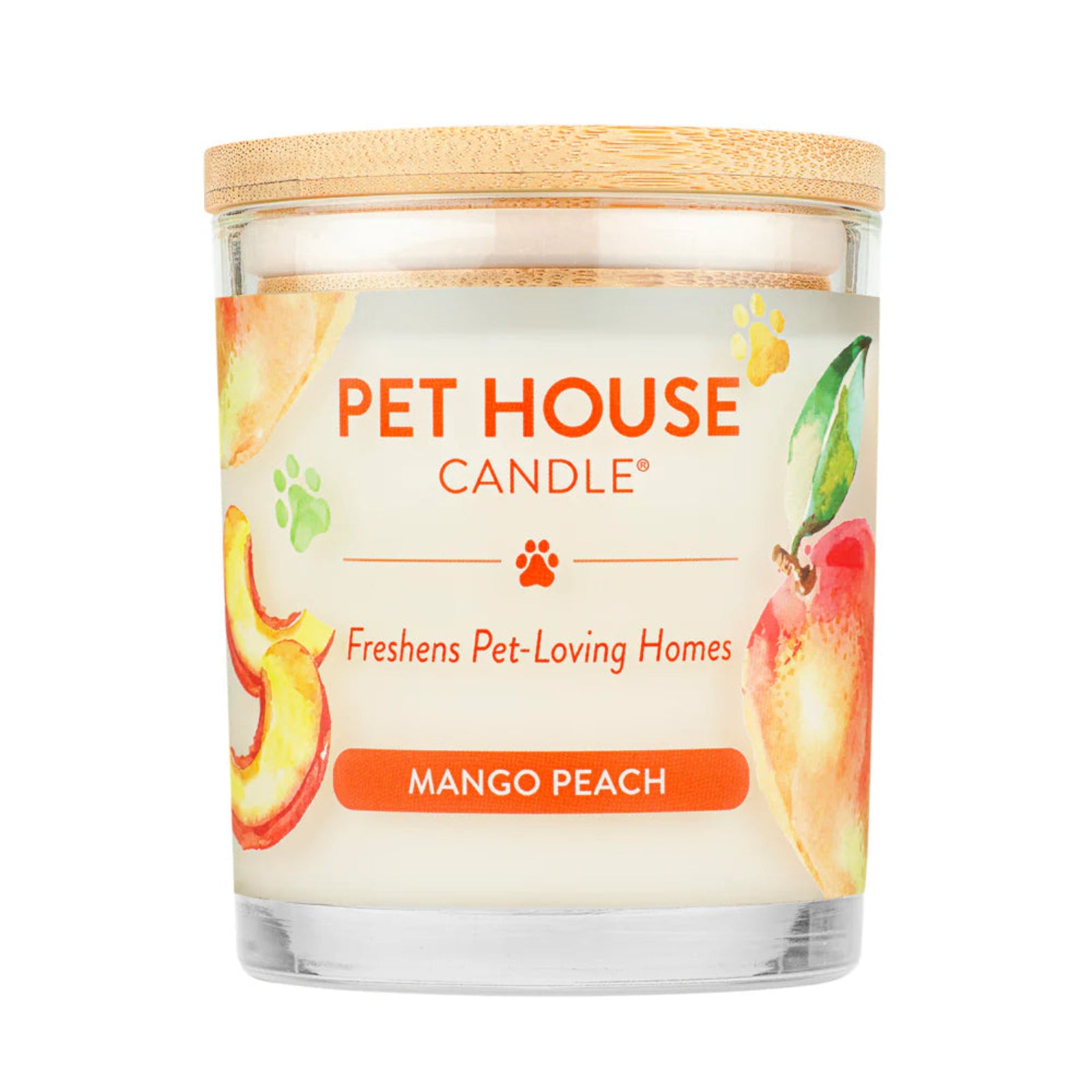 Pet House Candle with mango peach flavor on a white background
