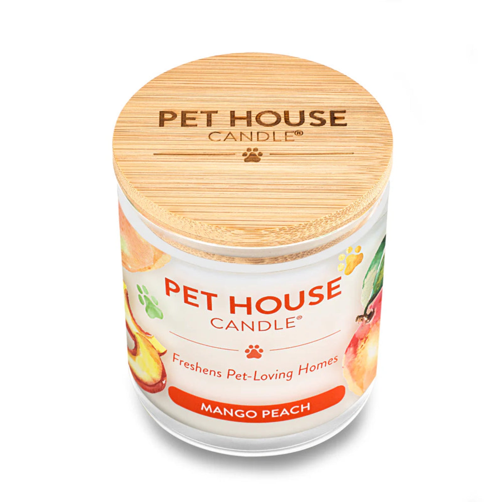 Pet House Candle in Mango Peach flavor with a wooden lid on a white background
