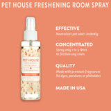Pet house freshening room spray bottle with features on a peach background