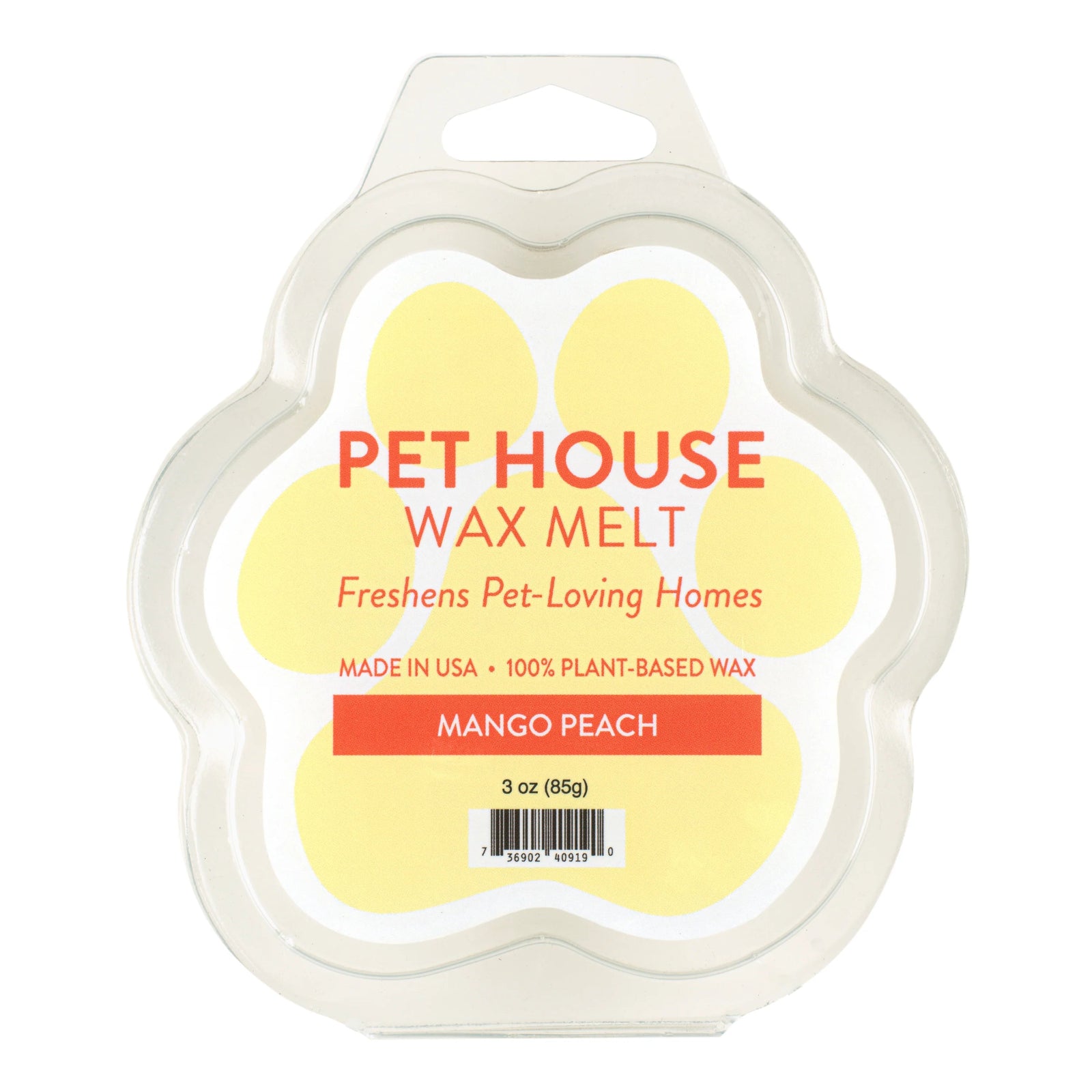 Pet House Wax Melt in a paw-shaped container with yellow label on a white background
