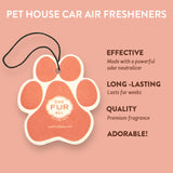 Pet house car air freshener with paw design and brand logo on a pink background