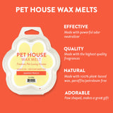 Pet House Wax Melts packaging with product details on an orange background