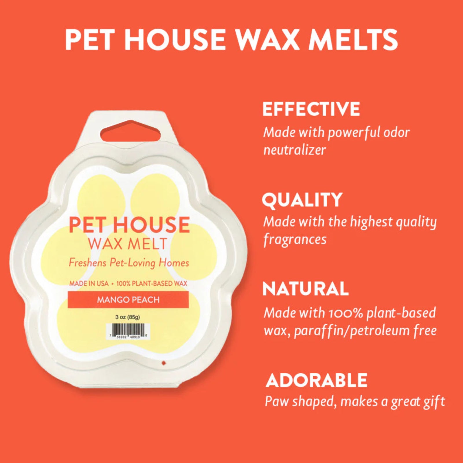 Pet House Wax Melts packaging with product details on an orange background
