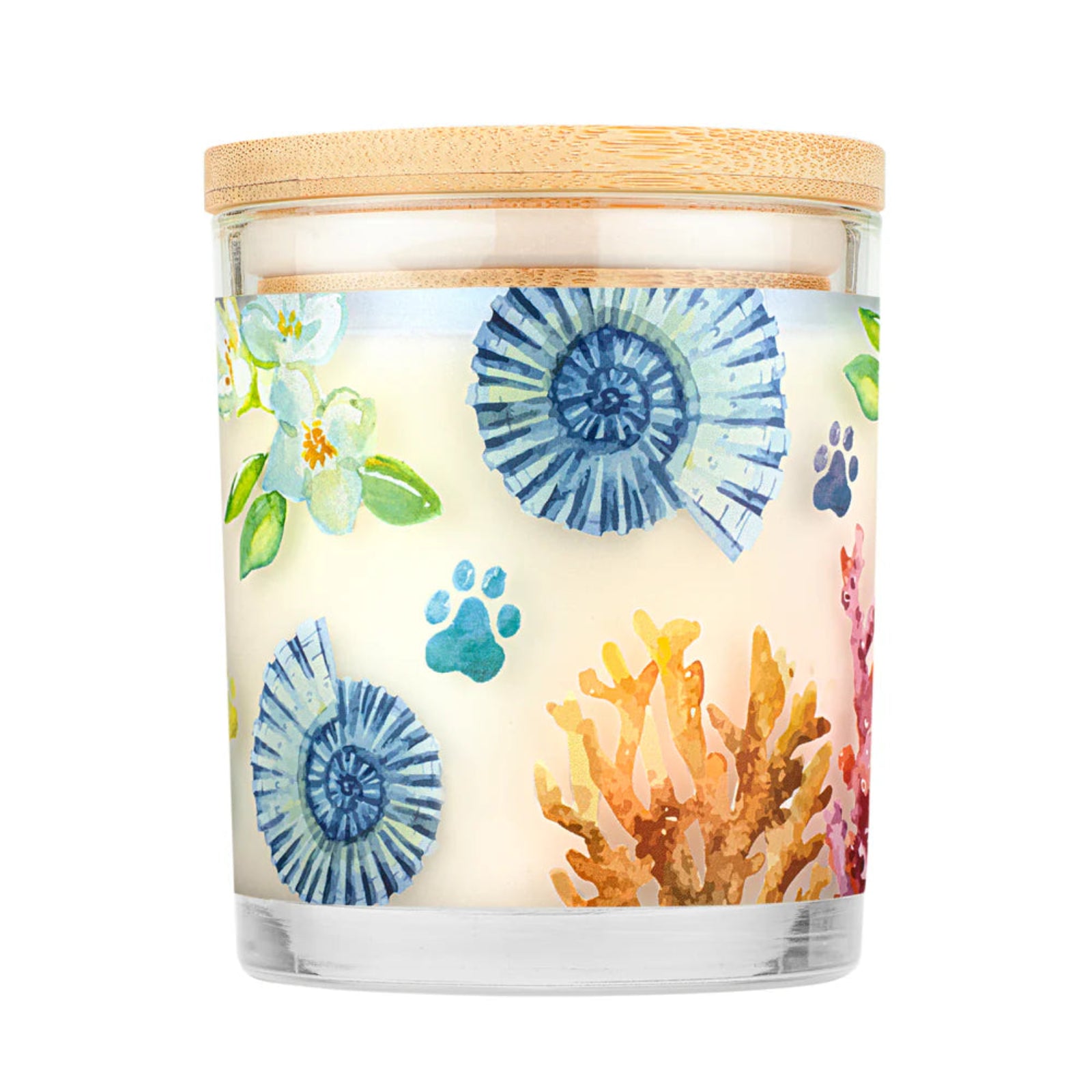 Candle with a decorative label featuring floral and coral designs on a white background
