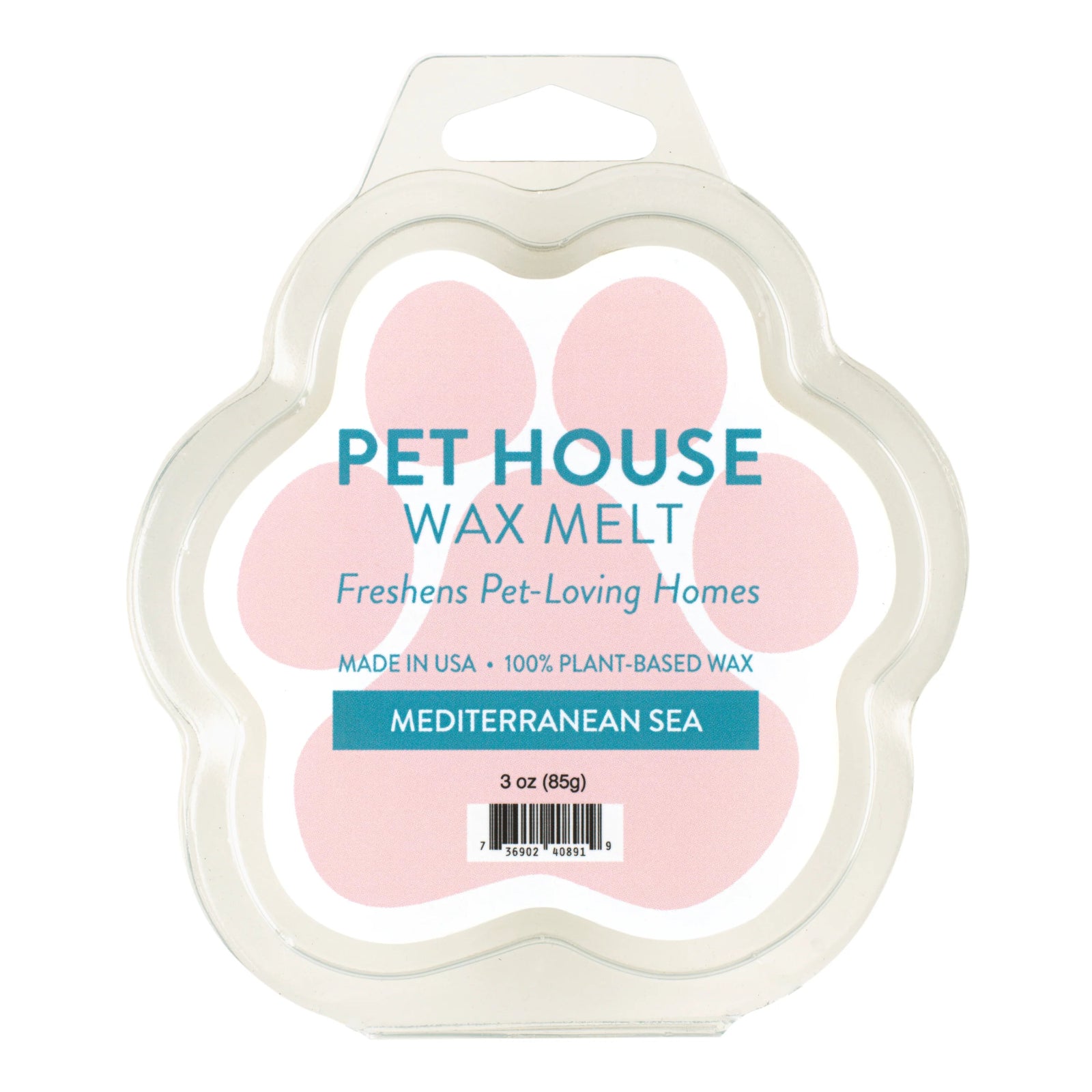 Pet House Wax Melt packaging with pink paw design on a white background
