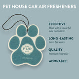 Pet house car air freshener with brand name on a light blue background