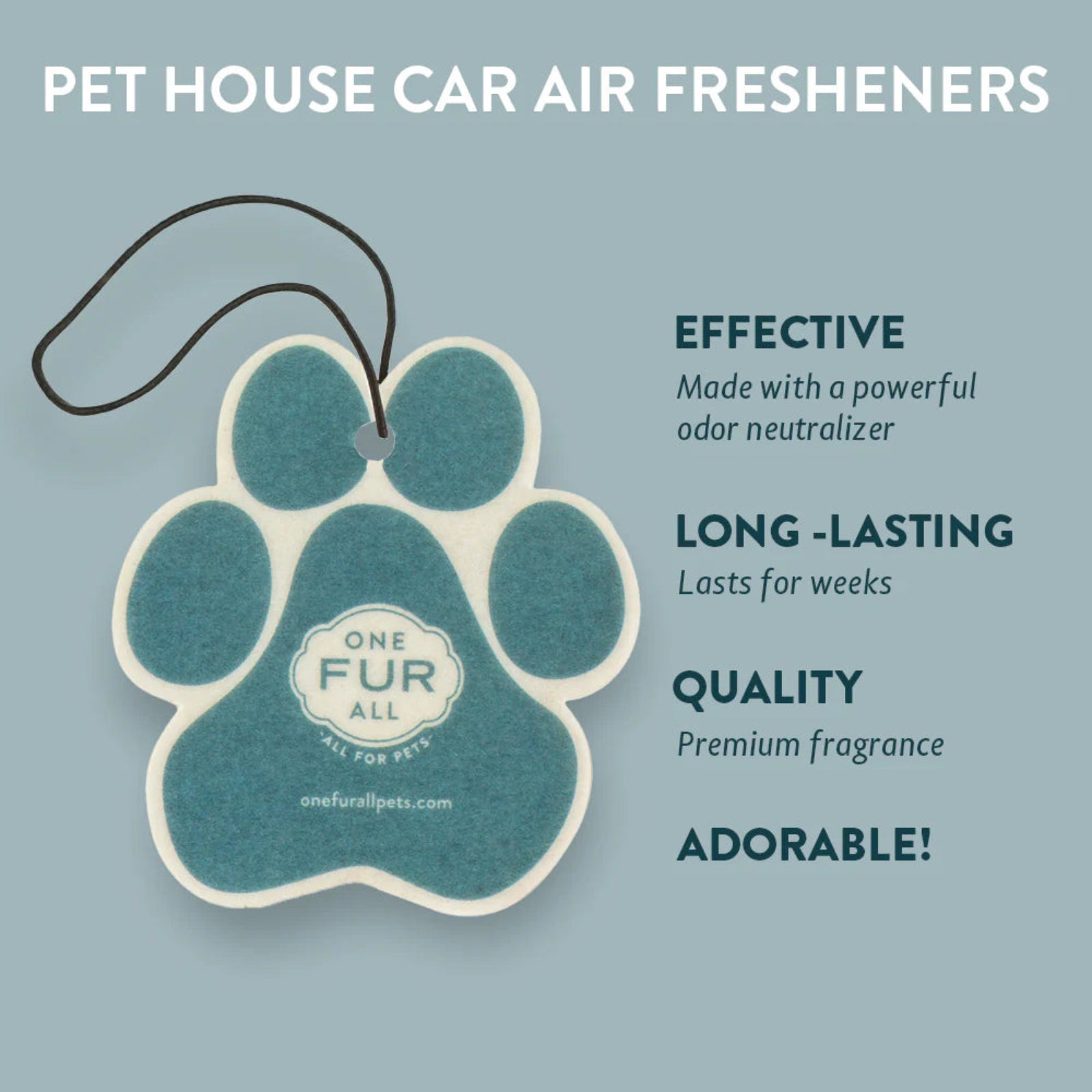 Pet house car air freshener with brand name on a light blue background