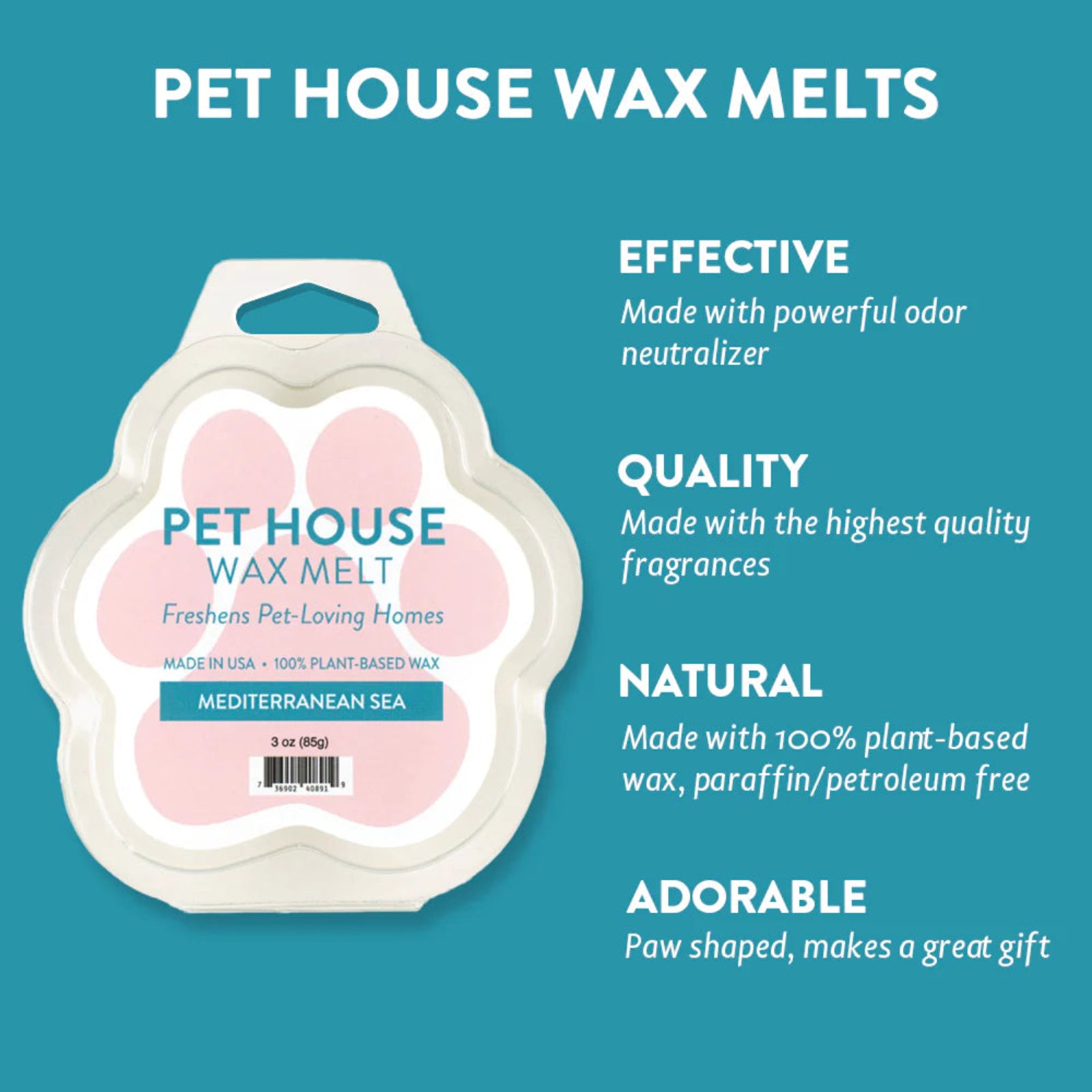 Pet house wax melts packaging with product details on a blue background