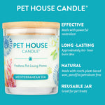Pet House Candle with features listed on a blue background