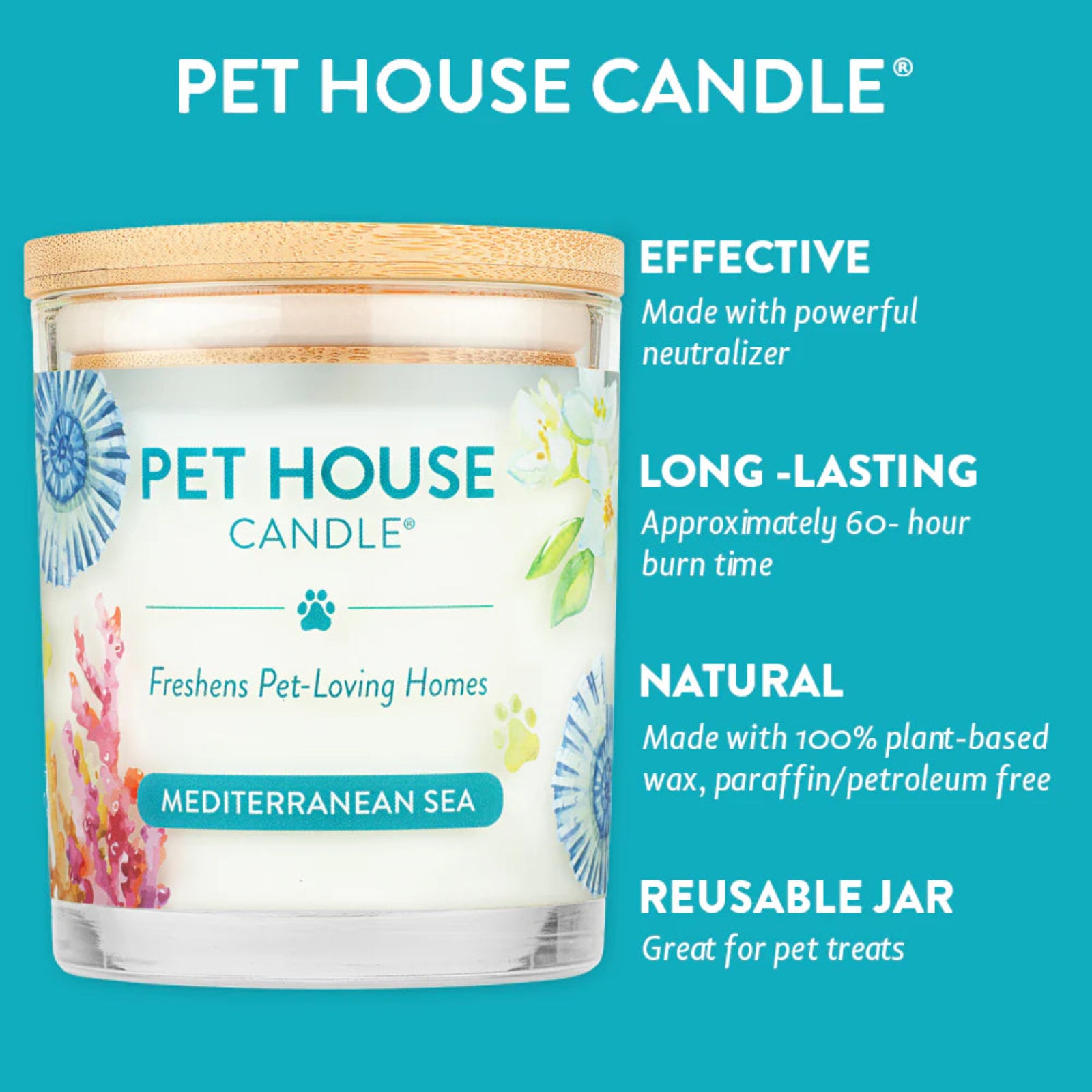 Pet House Candle with features listed on a blue background