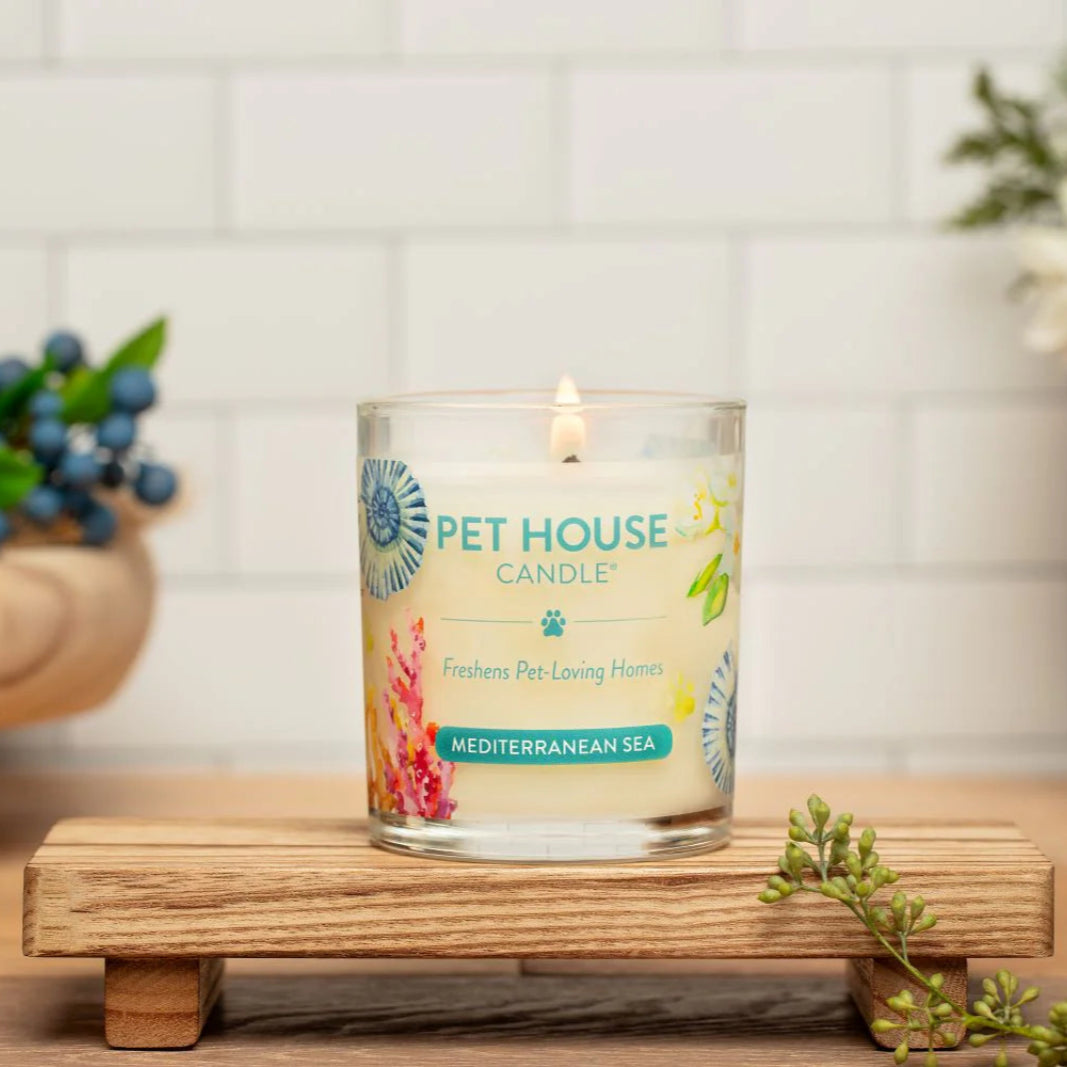 Pet House Candle on a wooden stand with a blurred background