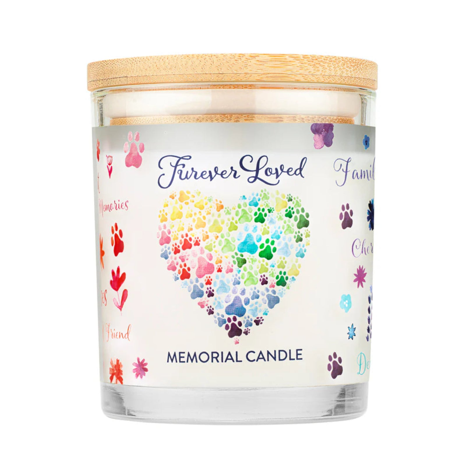 Memorial candle with colorful paw prints and text on a white background