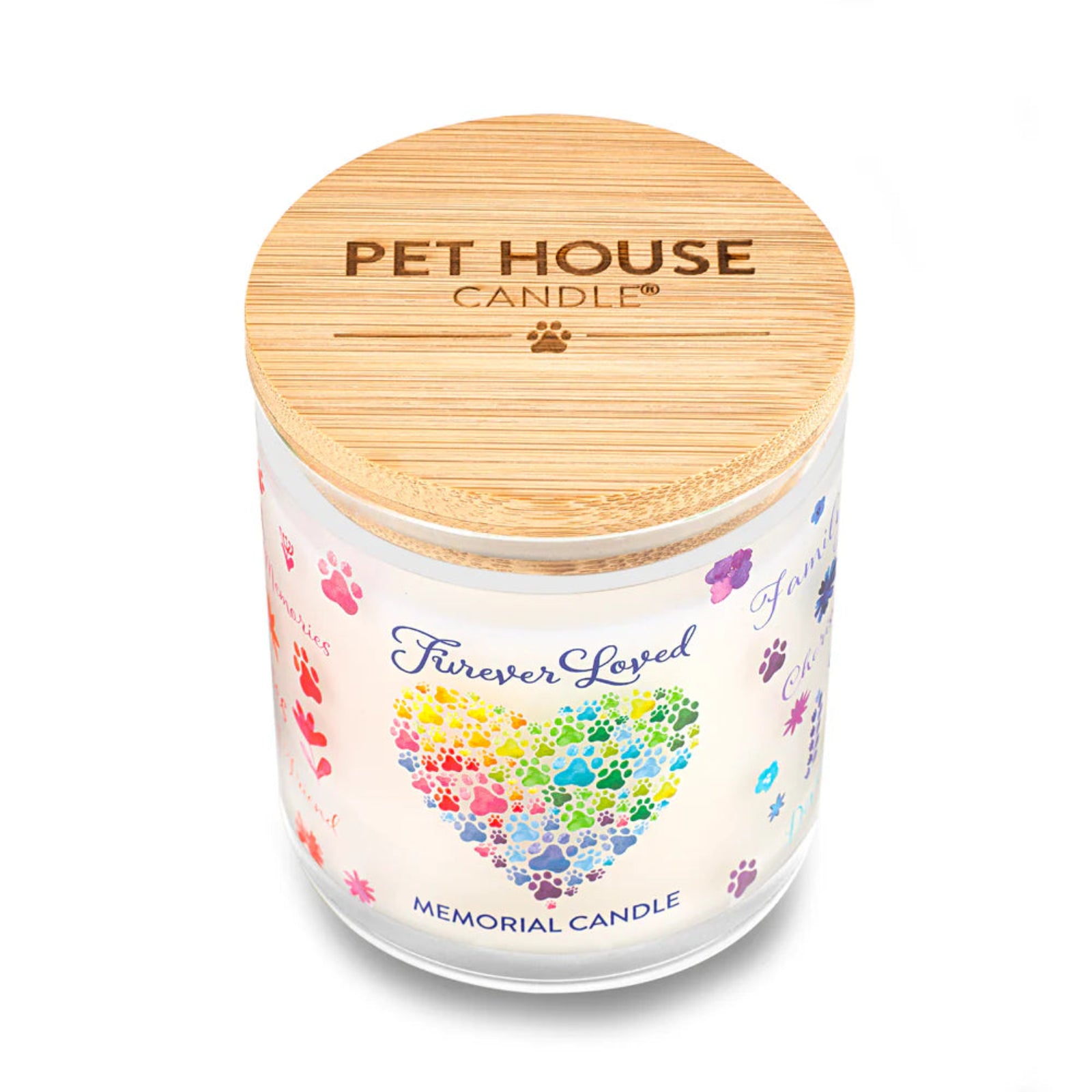 Pet House Candle with colorful paw print heart design on a white background