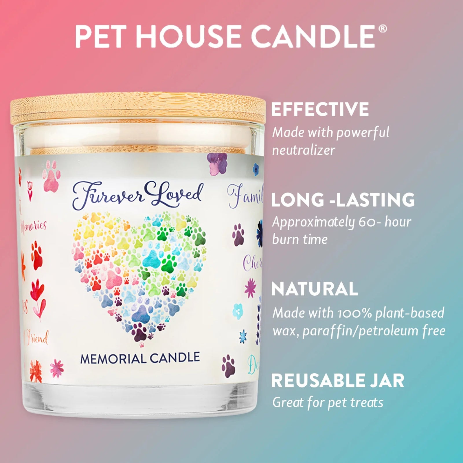 Pet House Candle with colorful paw prints on a gradient background