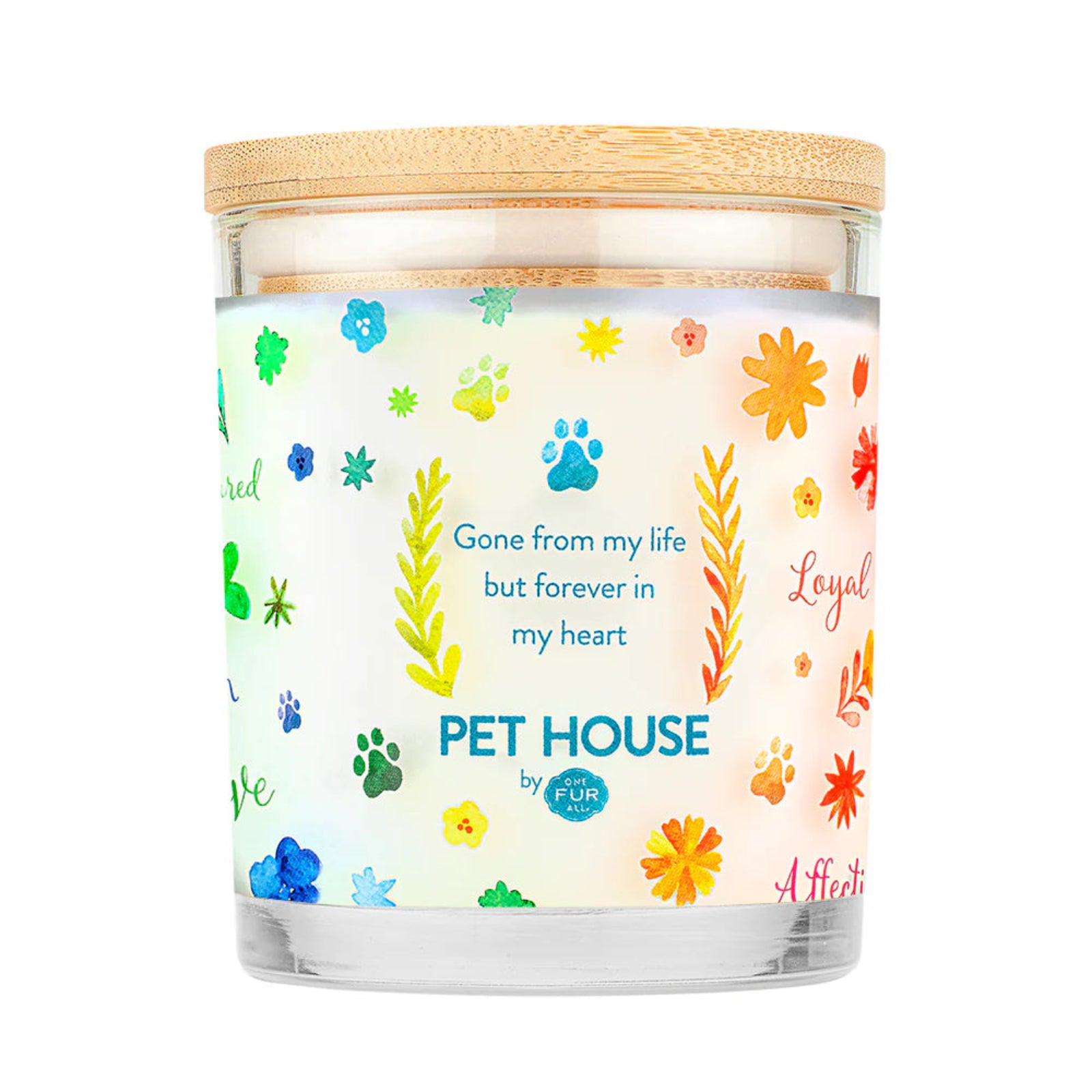 Candle with colorful paw prints and text on a white background
