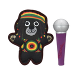 A black plush bear-shaped cushion with colorful Rastafarian-inspired patterns, shown next to a purple and silver microphone on a plain white background.