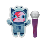 A plush toy shaped like a cat in a space suit next to a purple and silver microphone, shown on a plain white background.