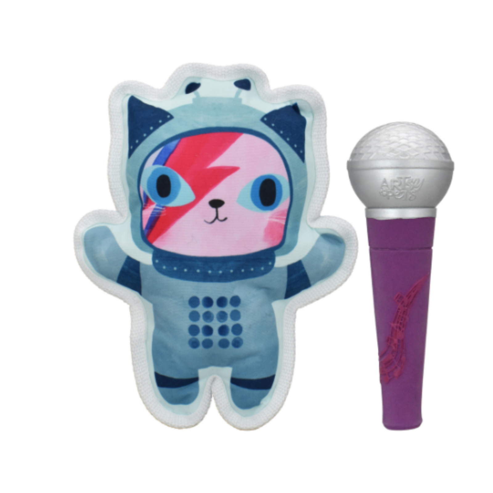 A plush toy shaped like a cat in a space suit next to a purple and silver microphone, shown on a plain white background.