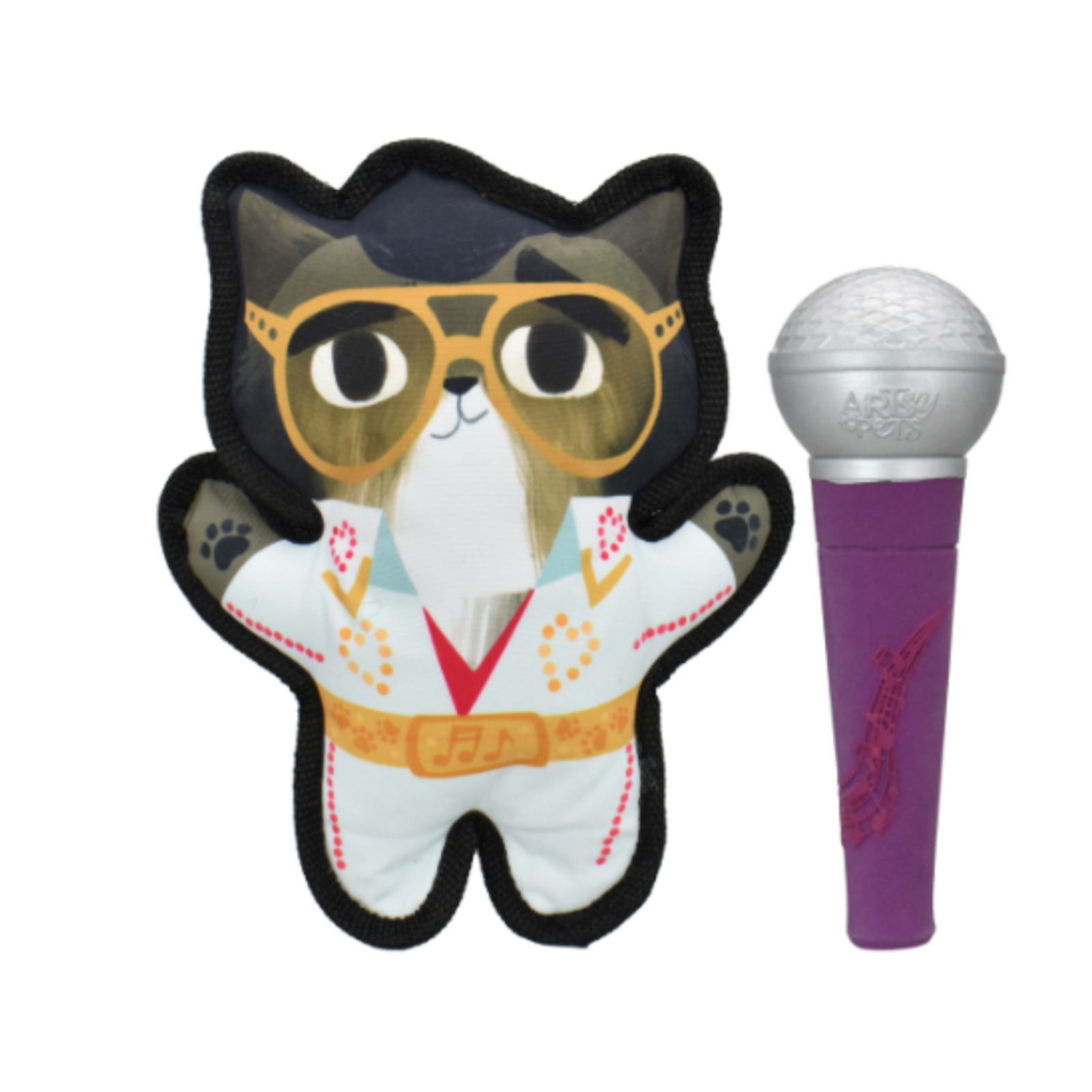 A plush cat-shaped pillow or cushion shown next to a purple and silver handheld microphone on a plain white background. The cat has black sunglasses, a white outfit with red and gold details, and a dark gray/black head.