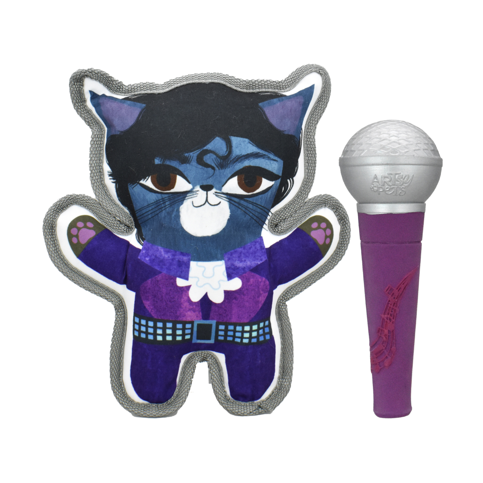 A plush cat-shaped pillow in a purple and blue outfit stands next to a purple and silver handheld microphone on a plain white background.