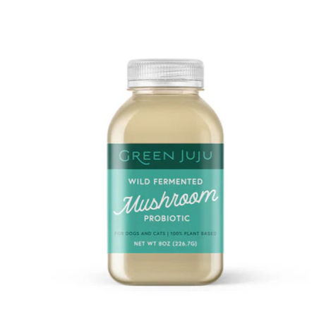 Bottle of Green Juju wild fermented mushroom probiotic on a white background