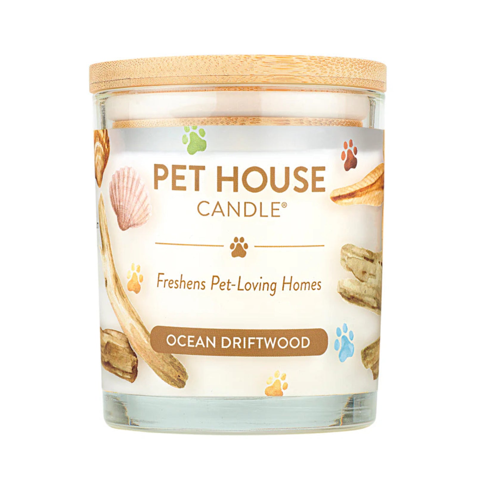 Pet House Candle with 'Ocean Driftwood' scent on a white background