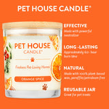 Pet House Candle with features on an orange background