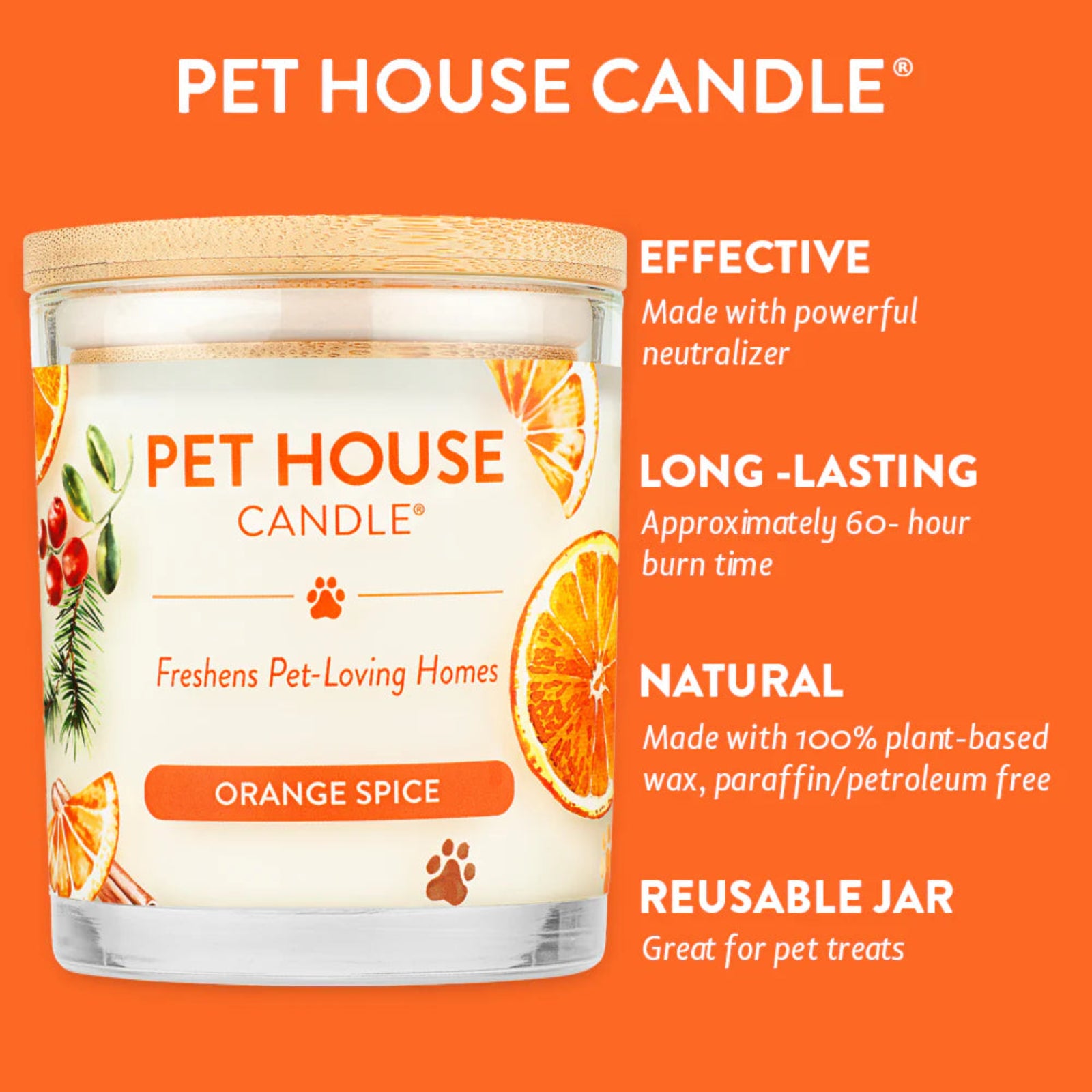 Pet House Candle with features on an orange background